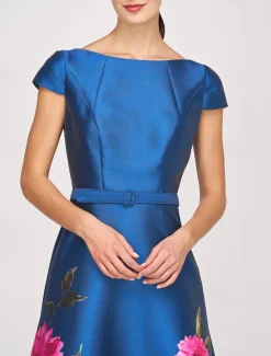 A-Line Cocktail Dresses High Split Dress Formal Wedding Guest Ankle Length Short Sleeve Jewel Neck Pocket Satin with Floral Print Pocket Derby Dresses Wedding Guest Dress