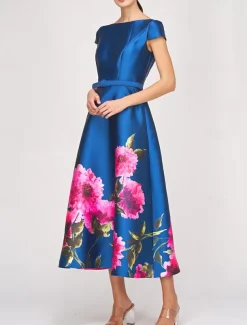 A-Line Cocktail Dresses High Split Dress Formal Wedding Guest Ankle Length Short Sleeve Jewel Neck Pocket Satin with Floral Print Pocket Derby Dresses Wedding Guest Dress