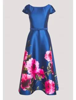 A-Line Cocktail Dresses High Split Dress Formal Wedding Guest Ankle Length Short Sleeve Jewel Neck Pocket Satin with Floral Print Pocket Derby Dresses Wedding Guest Dress