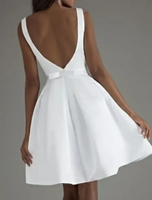 A-Line Cocktail Dresses Minimalist Dress Valentine's Day Wedding Guest Knee Length Sleeveless Boat Neck Satin V Back with Sleek Bow(s) Pure Color