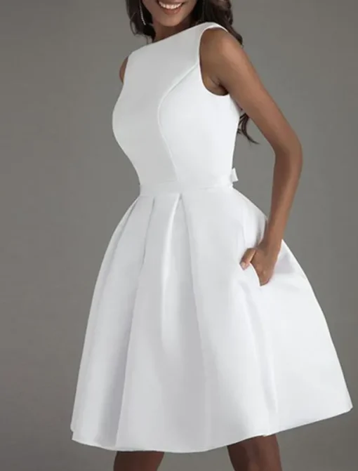 A-Line Cocktail Dresses Minimalist Dress Valentine's Day Wedding Guest Knee Length Sleeveless Boat Neck Satin V Back with Sleek Bow(s) Pure Color