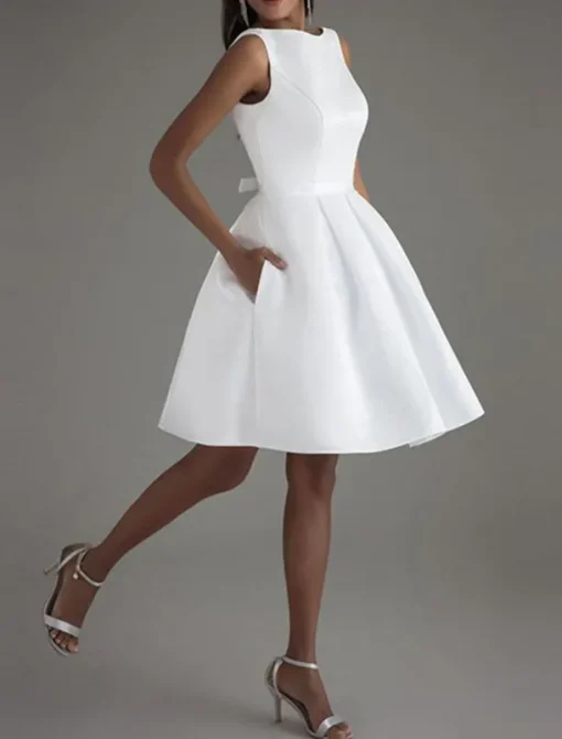 A-Line Cocktail Dresses Minimalist Dress Valentine's Day Wedding Guest Knee Length Sleeveless Boat Neck Satin V Back with Sleek Bow(s) Pure Color