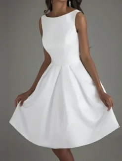 A-Line Cocktail Dresses Minimalist Dress Valentine's Day Wedding Guest Knee Length Sleeveless Boat Neck Satin V Back with Sleek Bow(s) Pure Color