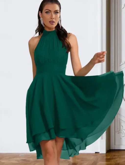 A-Line Cocktail Dresses Party Dress Wedding Guest Engagement Knee Length Sleeveless Halter Neck Chiffon V Back with Sleek Tiered dress to impress
