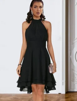 A-Line Cocktail Dresses Party Dress Wedding Guest Engagement Knee Length Sleeveless Halter Neck Chiffon V Back with Sleek Tiered dress to impress