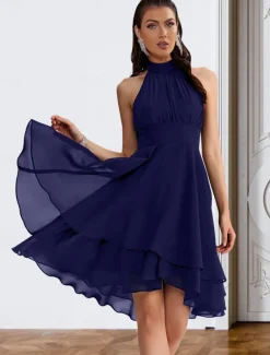 A-Line Cocktail Dresses Party Dress Wedding Guest Engagement Knee Length Sleeveless Halter Neck Chiffon V Back with Sleek Tiered dress to impress