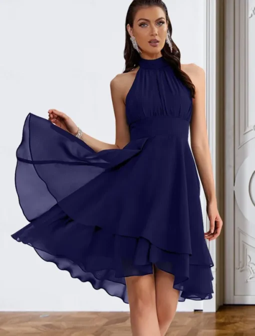 A-Line Cocktail Dresses Party Dress Wedding Guest Engagement Knee Length Sleeveless Halter Neck Chiffon V Back with Sleek Tiered dress to impress