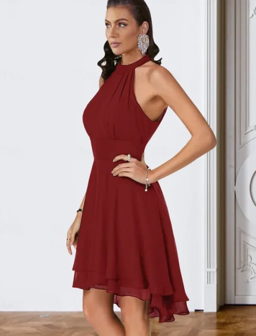 A-Line Cocktail Dresses Party Dress Wedding Guest Engagement Knee Length Sleeveless Halter Neck Chiffon V Back with Sleek Tiered dress to impress