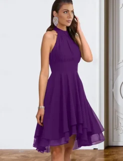 A-Line Cocktail Dresses Party Dress Wedding Guest Engagement Knee Length Sleeveless Halter Neck Chiffon V Back with Sleek Tiered dress to impress