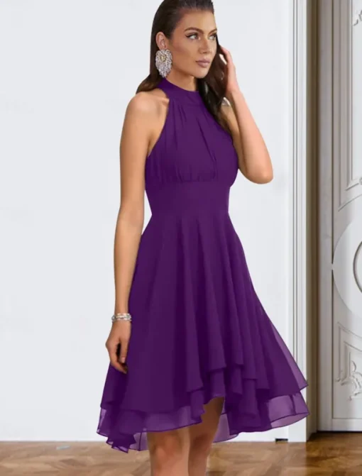 A-Line Cocktail Dresses Party Dress Wedding Guest Engagement Knee Length Sleeveless Halter Neck Chiffon V Back with Sleek Tiered dress to impress