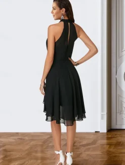 A-Line Cocktail Dresses Party Dress Wedding Guest Engagement Knee Length Sleeveless Halter Neck Chiffon V Back with Sleek Tiered dress to impress