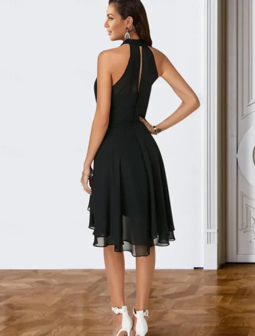 A-Line Cocktail Dresses Party Dress Wedding Guest Engagement Knee Length Sleeveless Halter Neck Chiffon V Back with Sleek Tiered dress to impress