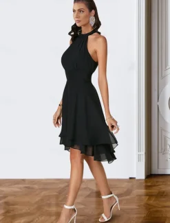 A-Line Cocktail Dresses Party Dress Wedding Guest Engagement Knee Length Sleeveless Halter Neck Chiffon V Back with Sleek Tiered dress to impress