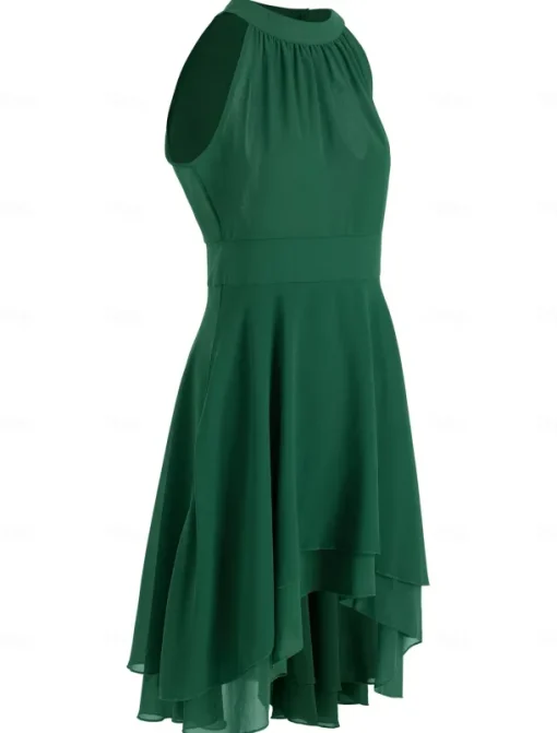 A-Line Cocktail Dresses Party Dress Wedding Guest Engagement Knee Length Sleeveless Halter Neck Chiffon V Back with Sleek Tiered dress to impress