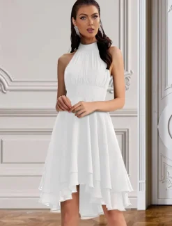 A-Line Cocktail Dresses Party Dress Wedding Guest Engagement Knee Length Sleeveless Halter Neck Chiffon V Back with Sleek Tiered dress to impress