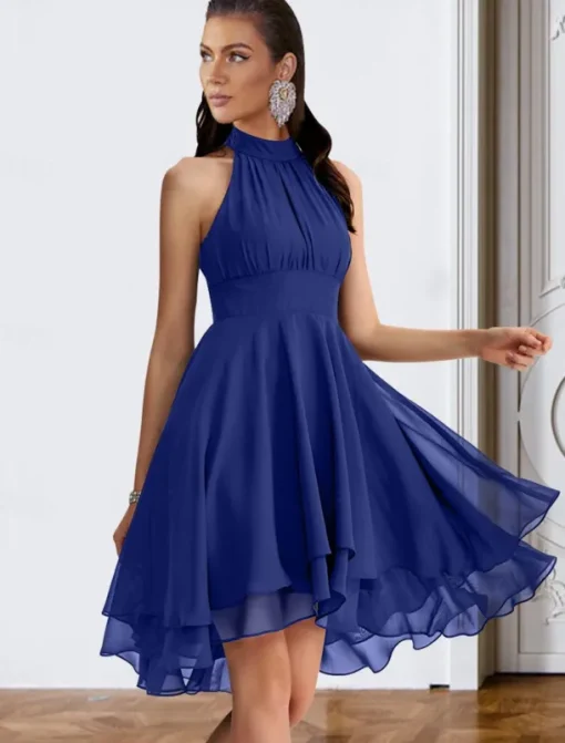 A-Line Cocktail Dresses Party Dress Wedding Guest Engagement Knee Length Sleeveless Halter Neck Chiffon V Back with Sleek Tiered dress to impress