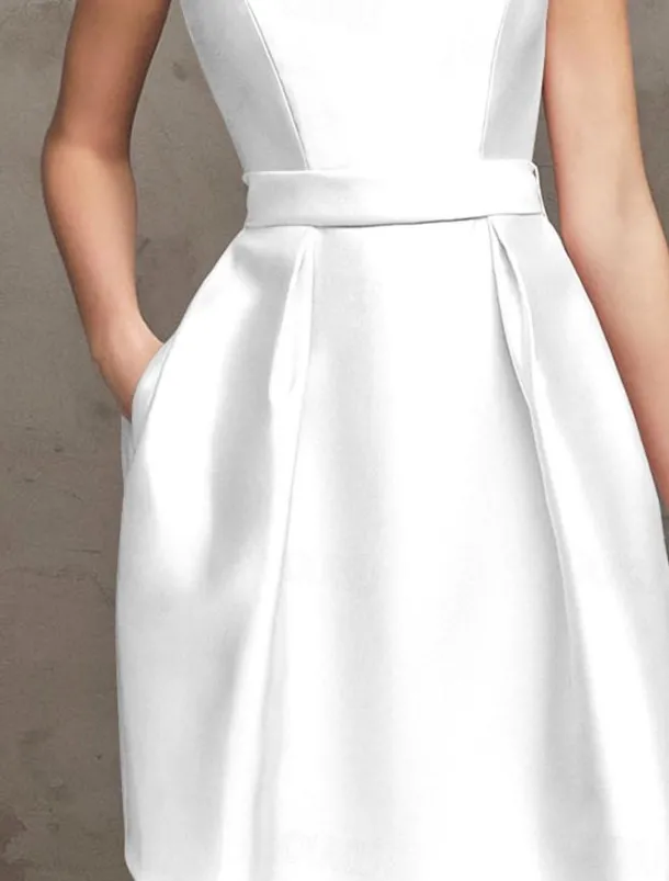 A-Line Cocktail Dresses Party Dress Wedding Guest Graduation Short / Mini Sleeveless Boat NeckDress Satin V Back with Pleats Dresses