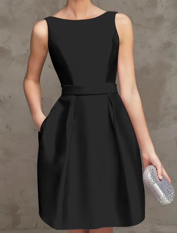A-Line Cocktail Dresses Party Dress Wedding Guest Graduation Short / Mini Sleeveless Boat NeckDress Satin V Back with Pleats Dresses