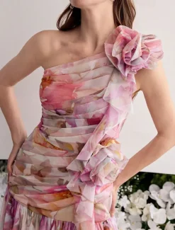 A-Line Cocktail Dresses Wedding Guest Dress Formal Wedding Tea Length Sleeveless One Shoulder Pink Dress Organza with Floral Print Pleats Ruched