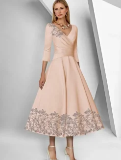 A-Line Dress Beach Wedding Mother of the Bride Dress Elegant Simple V Neck Ankle Length Tea Length Satin 3/4 Length Sleeve with Lace Ruched Sequin Race Day Dress