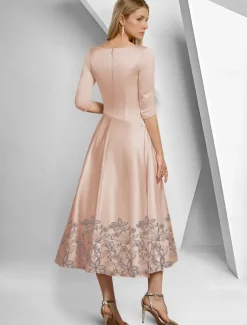 A-Line Dress Beach Wedding Mother of the Bride Dress Elegant Simple V Neck Ankle Length Tea Length Satin 3/4 Length Sleeve with Lace Ruched Sequin Race Day Dress