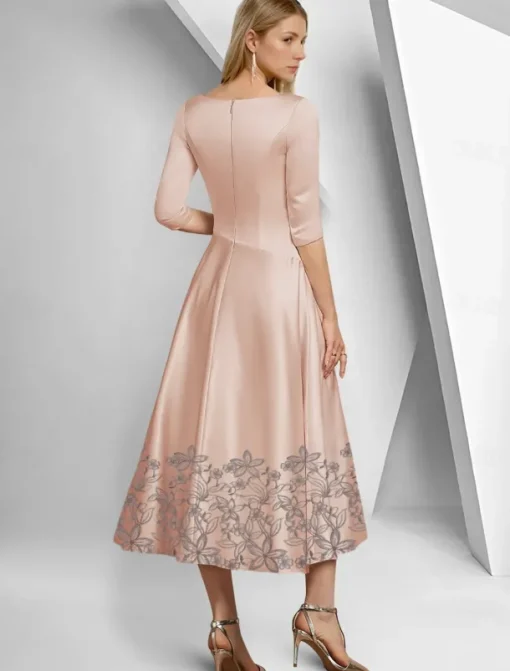 A-Line Dress Beach Wedding Mother of the Bride Dress Elegant Simple V Neck Ankle Length Tea Length Satin 3/4 Length Sleeve with Lace Ruched Sequin Race Day Dress