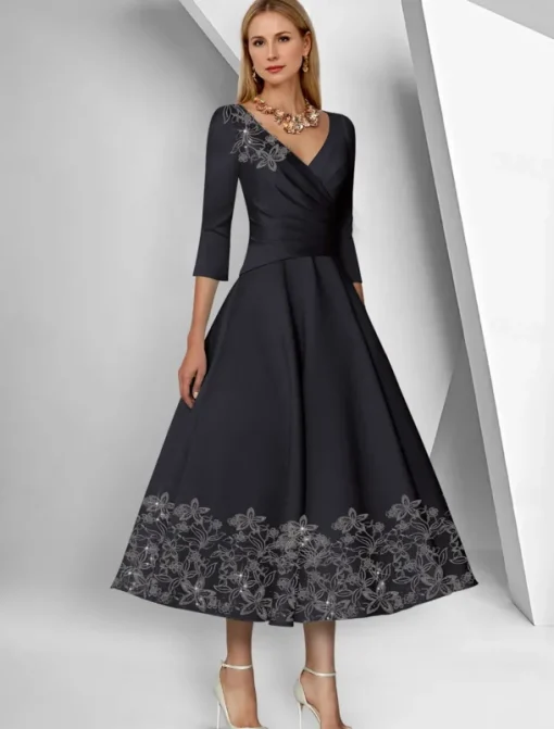 A-Line Dress Beach Wedding Mother of the Bride Dress Elegant Simple V Neck Ankle Length Tea Length Satin 3/4 Length Sleeve with Lace Ruched Sequin Race Day Dress