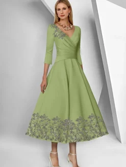 A-Line Dress Beach Wedding Mother of the Bride Dress Elegant Simple V Neck Ankle Length Tea Length Satin 3/4 Length Sleeve with Lace Ruched Sequin Race Day Dress