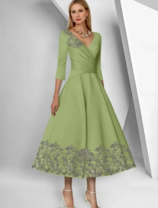 A-Line Dress Beach Wedding Mother of the Bride Dress Elegant Simple V Neck Ankle Length Tea Length Satin 3/4 Length Sleeve with Lace Ruched Sequin Race Day Dress