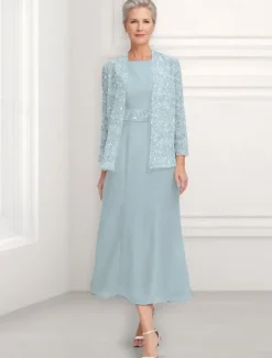 A-Line Dress Mother of the Bride Dress Wedding Guest Church Elegant Vintage Jewel Neck Ankle Length Chiffon Long Sleeve with Sequin Embroidery