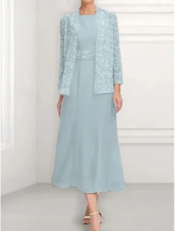 A-Line Dress Mother of the Bride Dress Wedding Guest Church Elegant Vintage Jewel Neck Ankle Length Chiffon Long Sleeve with Sequin Embroidery