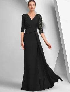 A-Line Dress Mother of the Bride Dress Elegant Bateau Neck Ankle Length Stretch Fabric Half Sleeve with Lace Tier Solid Color