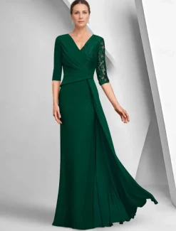 A-Line Dress Mother of the Bride Dress Elegant Bateau Neck Ankle Length Stretch Fabric Half Sleeve with Lace Tier Solid Color