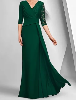 A-Line Dress Mother of the Bride Dress Elegant Bateau Neck Ankle Length Stretch Fabric Half Sleeve with Lace Tier Solid Color