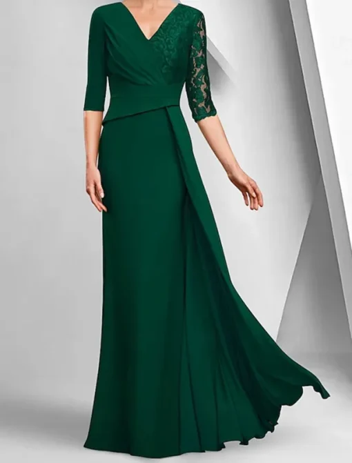 A-Line Dress Mother of the Bride Dress Elegant Bateau Neck Ankle Length Stretch Fabric Half Sleeve with Lace Tier Solid Color