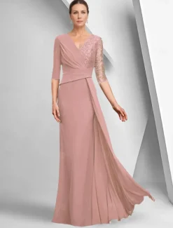 A-Line Dress Mother of the Bride Dress Elegant Bateau Neck Ankle Length Stretch Fabric Half Sleeve with Lace Tier Solid Color