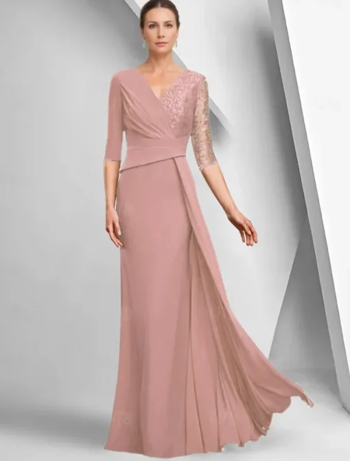 A-Line Dress Mother of the Bride Dress Elegant Bateau Neck Ankle Length Stretch Fabric Half Sleeve with Lace Tier Solid Color
