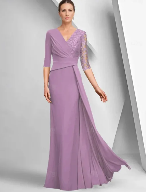 A-Line Dress Mother of the Bride Dress Elegant Bateau Neck Ankle Length Stretch Fabric Half Sleeve with Lace Tier Solid Color
