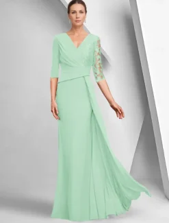 A-Line Dress Mother of the Bride Dress Elegant Bateau Neck Ankle Length Stretch Fabric Half Sleeve with Lace Tier Solid Color