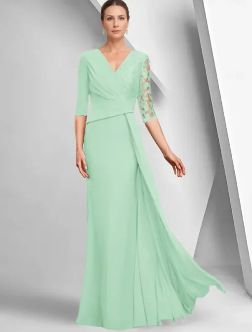 A-Line Dress Mother of the Bride Dress Elegant Bateau Neck Ankle Length Stretch Fabric Half Sleeve with Lace Tier Solid Color