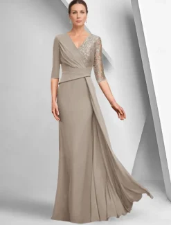A-Line Dress Mother of the Bride Dress Elegant Bateau Neck Ankle Length Stretch Fabric Half Sleeve with Lace Tier Solid Color