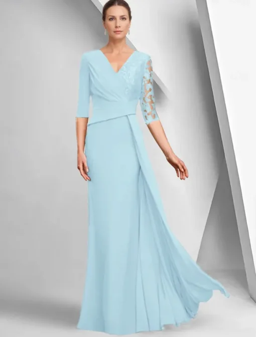 A-Line Dress Mother of the Bride Dress Elegant Bateau Neck Ankle Length Stretch Fabric Half Sleeve with Lace Tier Solid Color