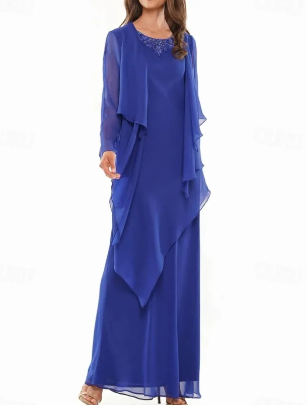 A-Line Dress Sets Mother of the Bride Dress Elegant Simple Crew Neck Floor Length Chiffon Long Sleeve with Beading Tier Cascading Ruffles