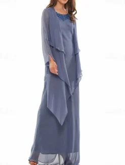 A-Line Dress Sets Mother of the Bride Dress Elegant Simple Crew Neck Floor Length Chiffon Long Sleeve with Beading Tier Cascading Ruffles