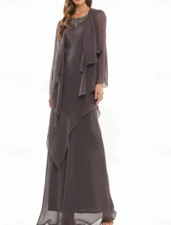 A-Line Dress Sets Mother of the Bride Dress Elegant Simple Crew Neck Floor Length Chiffon Long Sleeve with Beading Tier Cascading Ruffles