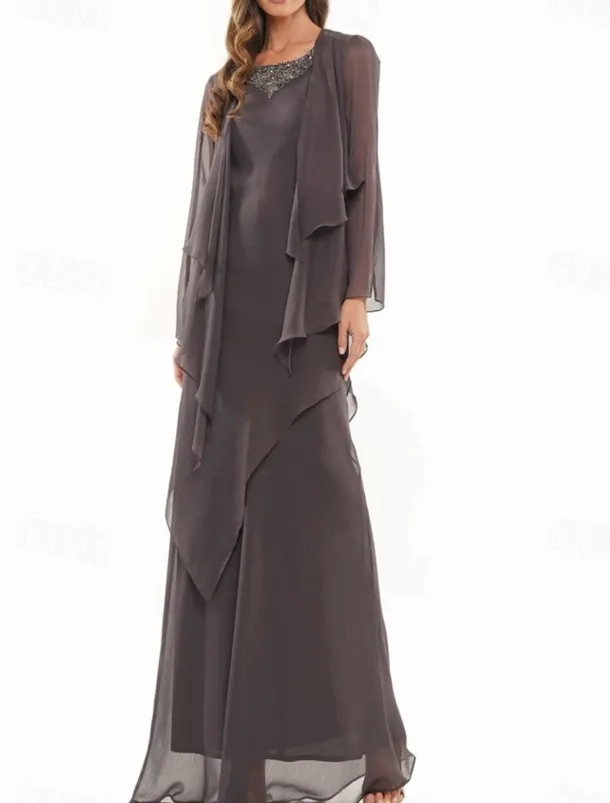 A-Line Dress Sets Mother of the Bride Dress Elegant Simple Crew Neck Floor Length Chiffon Long Sleeve with Beading Tier Cascading Ruffles