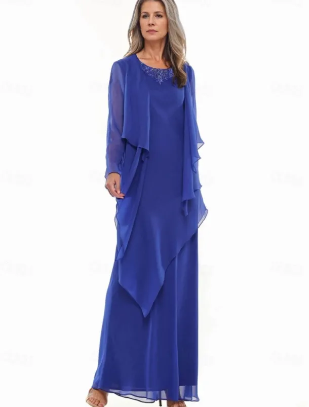 A-Line Dress Sets Mother of the Bride Dress Elegant Simple Crew Neck Floor Length Chiffon Long Sleeve with Beading Tier Cascading Ruffles
