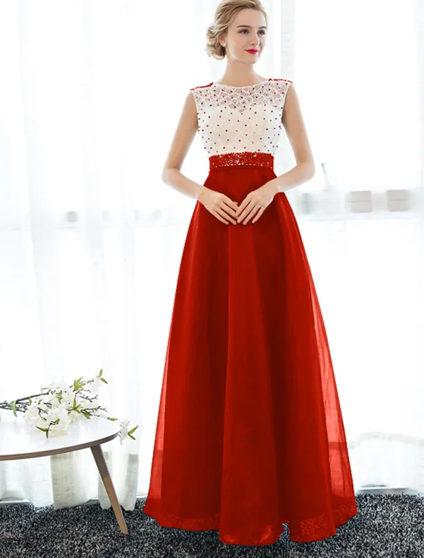 A-Line Elegant Dress Wedding Guest Prom Floor Length Sleeveless Illusion Neck Tulle Over Lace with Beading