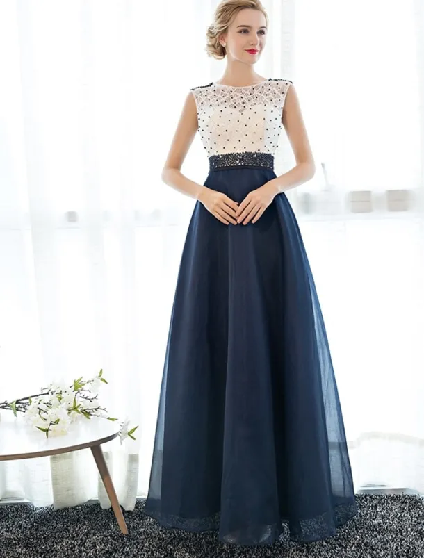 A-Line Elegant Dress Wedding Guest Prom Floor Length Sleeveless Illusion Neck Tulle Over Lace with Beading