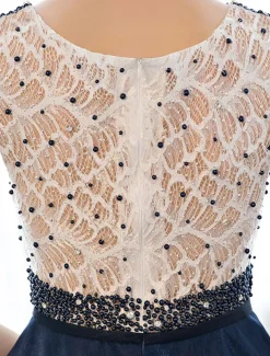 A-Line Elegant Dress Wedding Guest Prom Floor Length Sleeveless Illusion Neck Tulle Over Lace with Beading